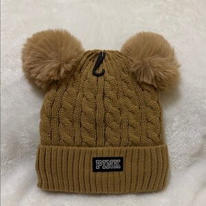 🆕 PINK Victoria's Secret Tan Knit Beanie with Pom-Poms
